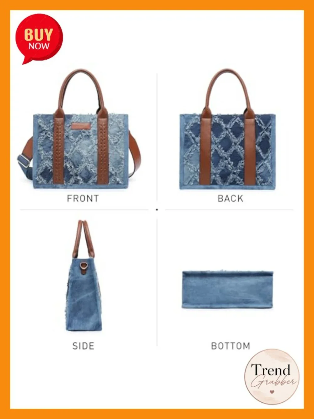 Vegan Leather Denim Tote Satchel Boho Shoulder Bag with Wristlet